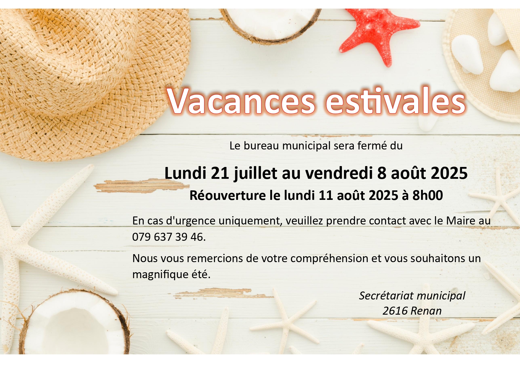 Secrétariat municipal – vacances estivales